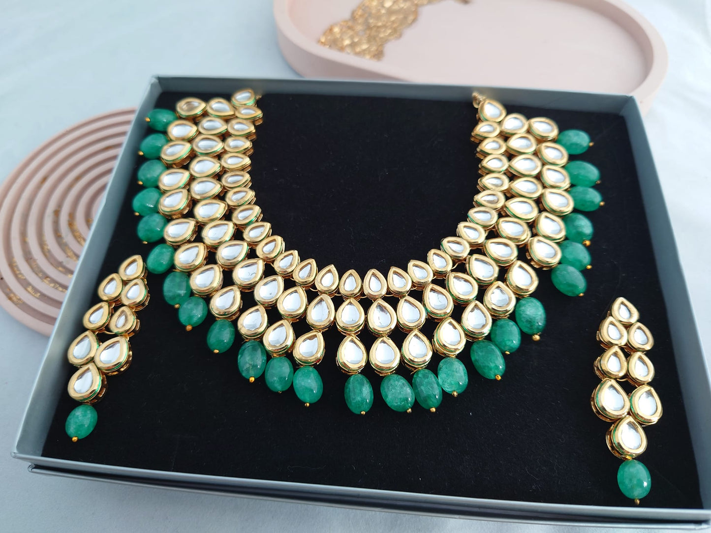 Green kundan necklace set traditional Indian jewellery meenakari work 