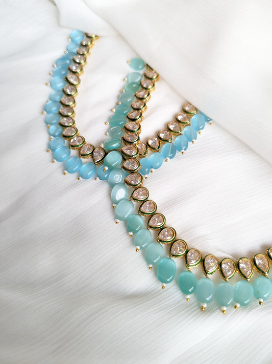 Prakruti - Sky Blue/Sea Green Necklace Set With Small Earrings